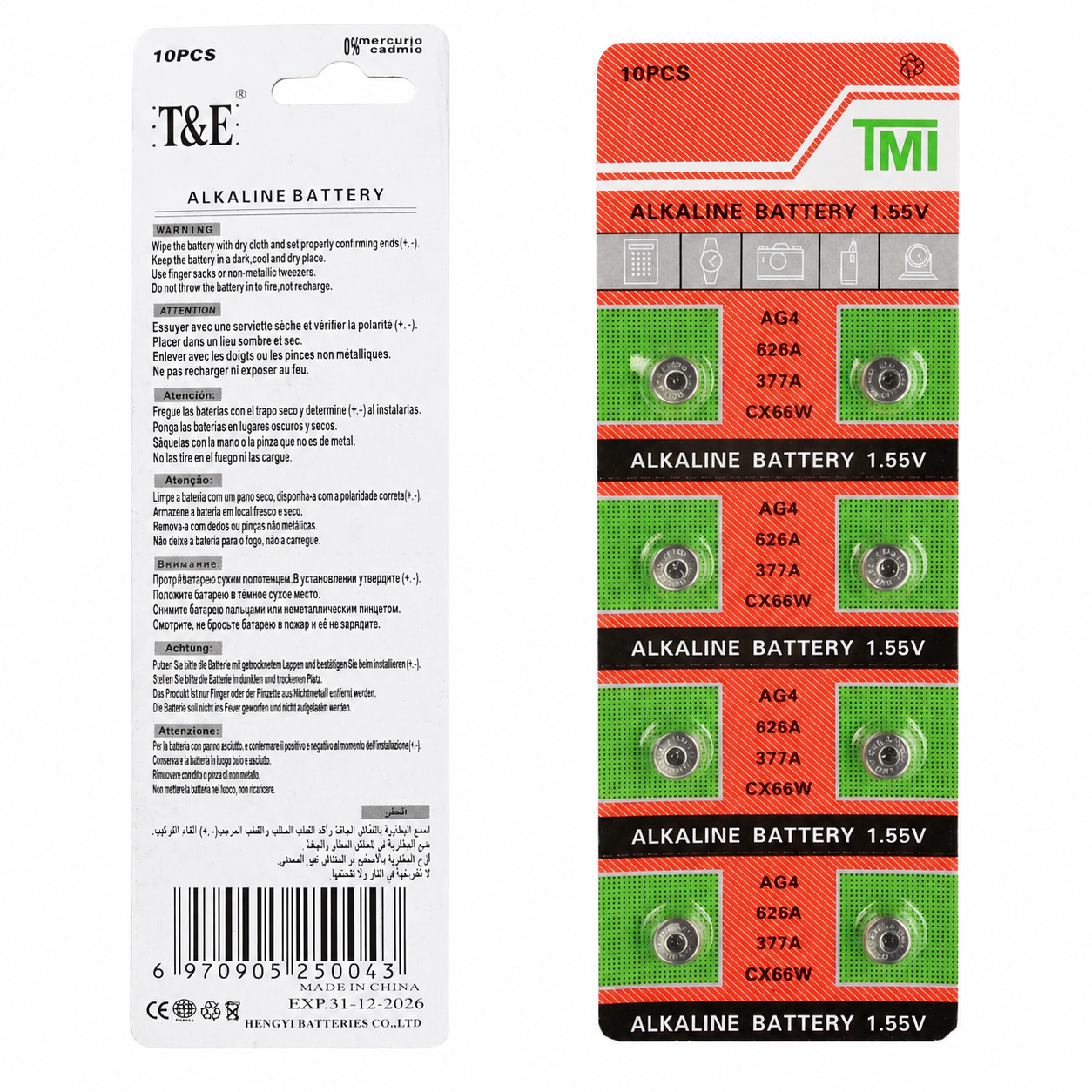 باتری دکمه ای (سکه ای ریز) سایز AG4 (377) جنس آلکالین برند T&E (فروش 2 دونه ای)