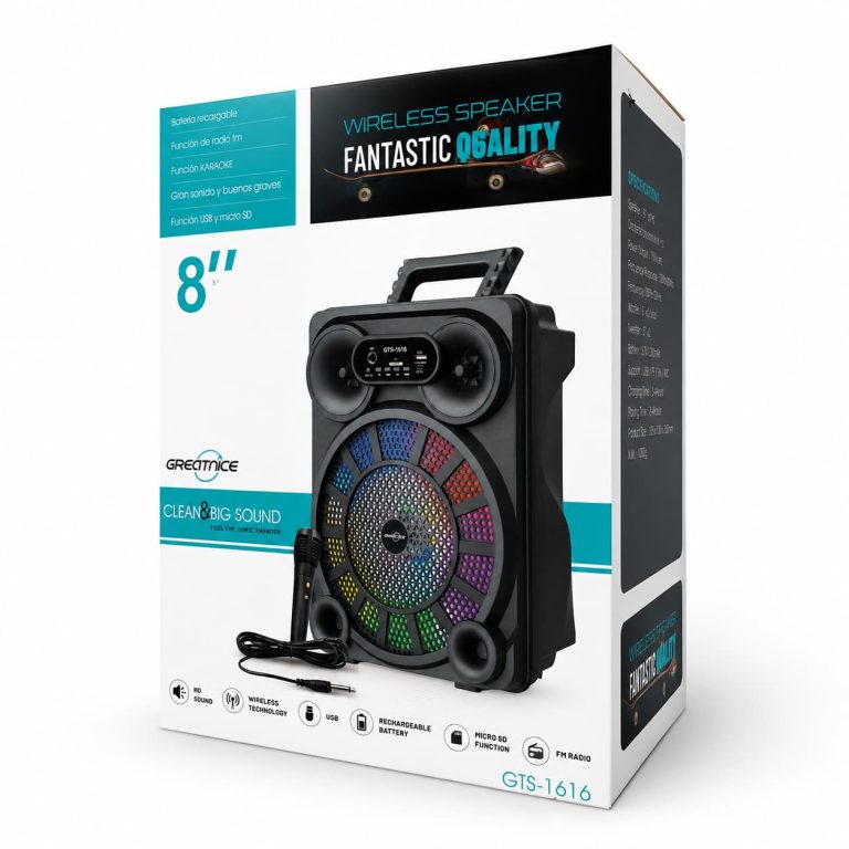 اسپیکر شارژی بلوتوثی میکروفون دار 8 اینچ قابل حمل مدل GTS-1616 ـ کارتن محصول